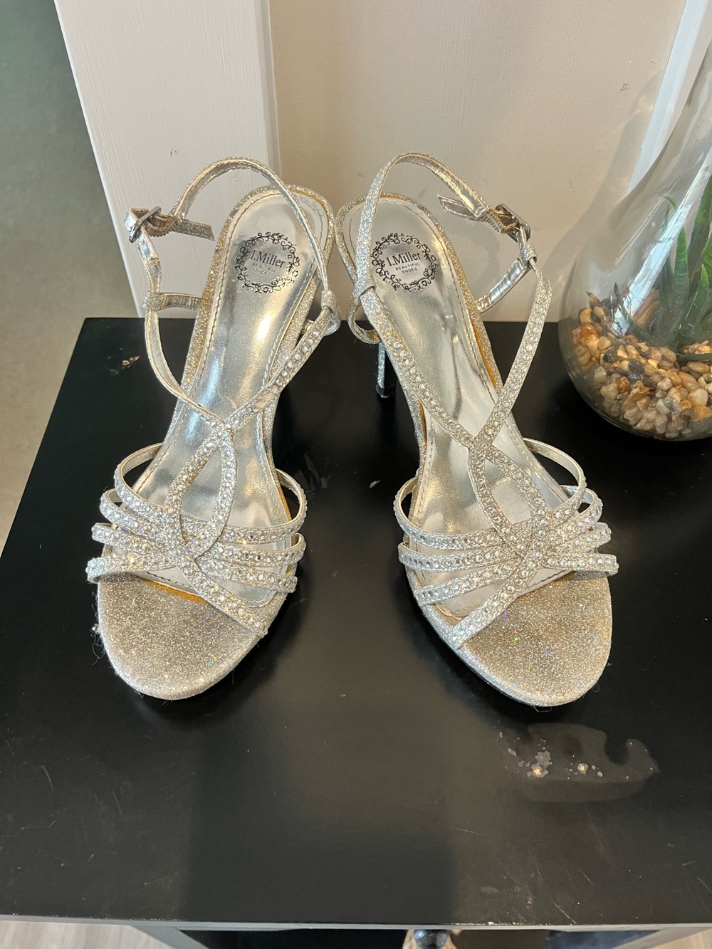 Silver Glitter Strappy High Heel Sandals Sz 6